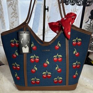Steve Madden denim cherry large tote bag with red scarf